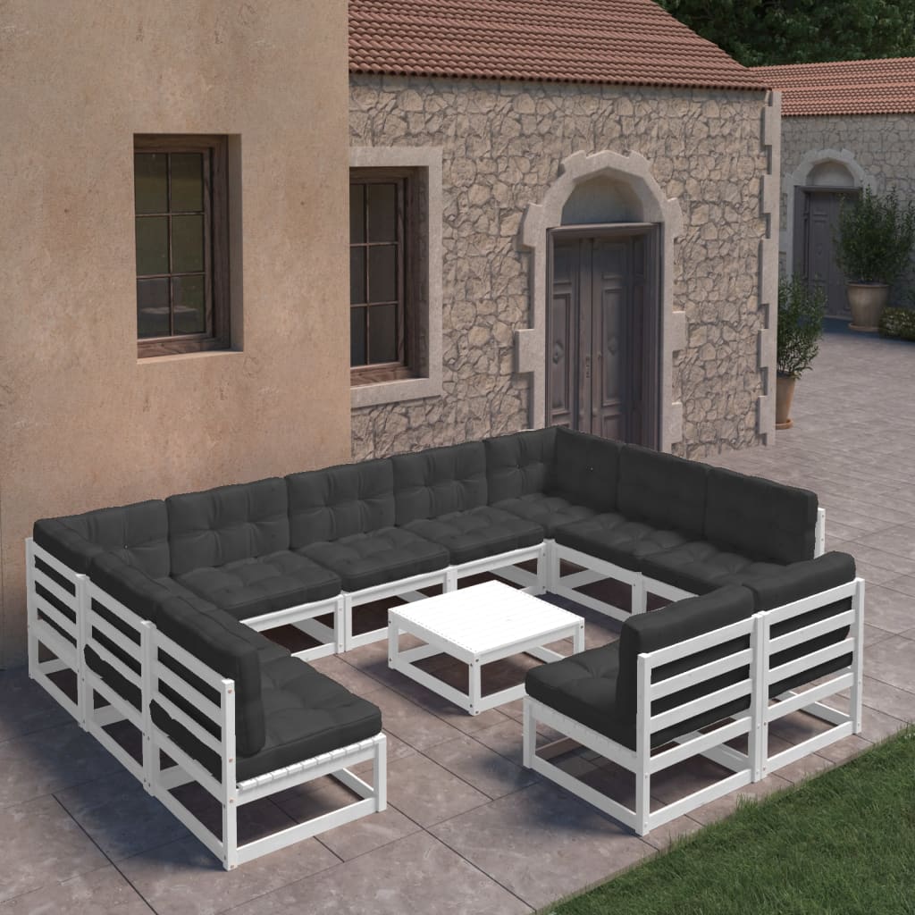 12-tlg. Garten-Lounge-Set mit Kissen Weiss Kiefer Massivholz